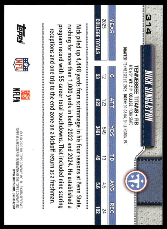 2026 Topps Football #314 Nick Singleton