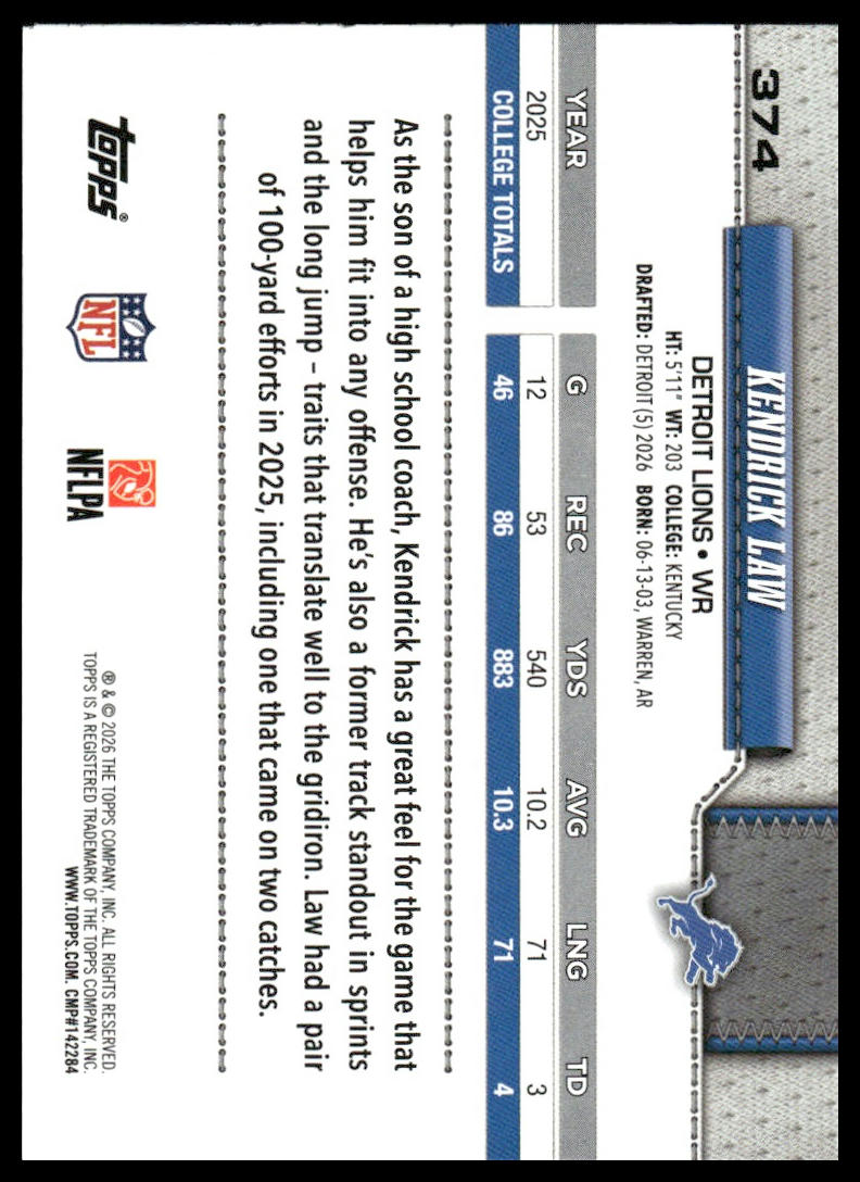 2026 Topps Football #374 Kendrick Law