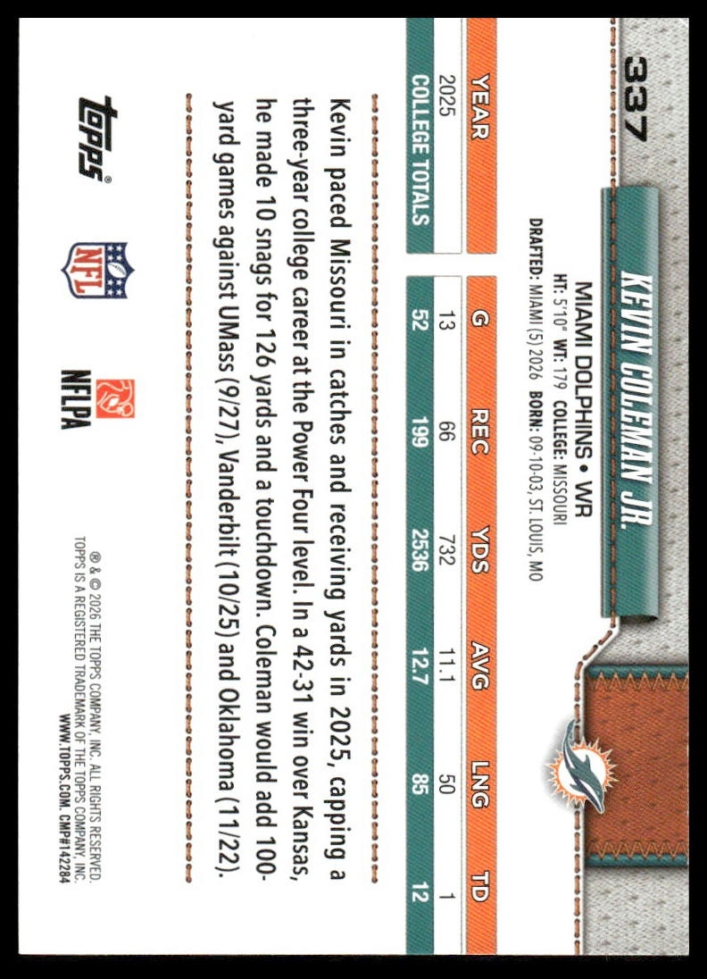 2026 Topps Flagship #337 Kevin Coleman Jr.