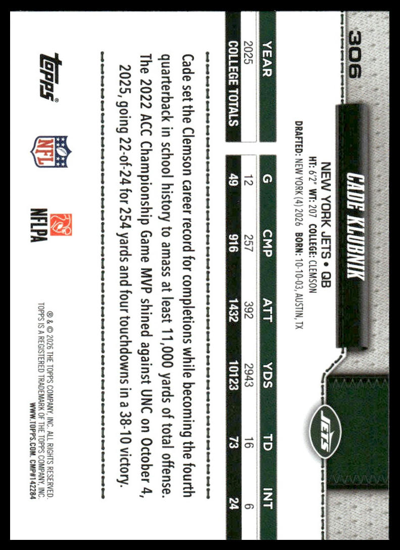 2026 Topps Football #306 Cade Klubnik