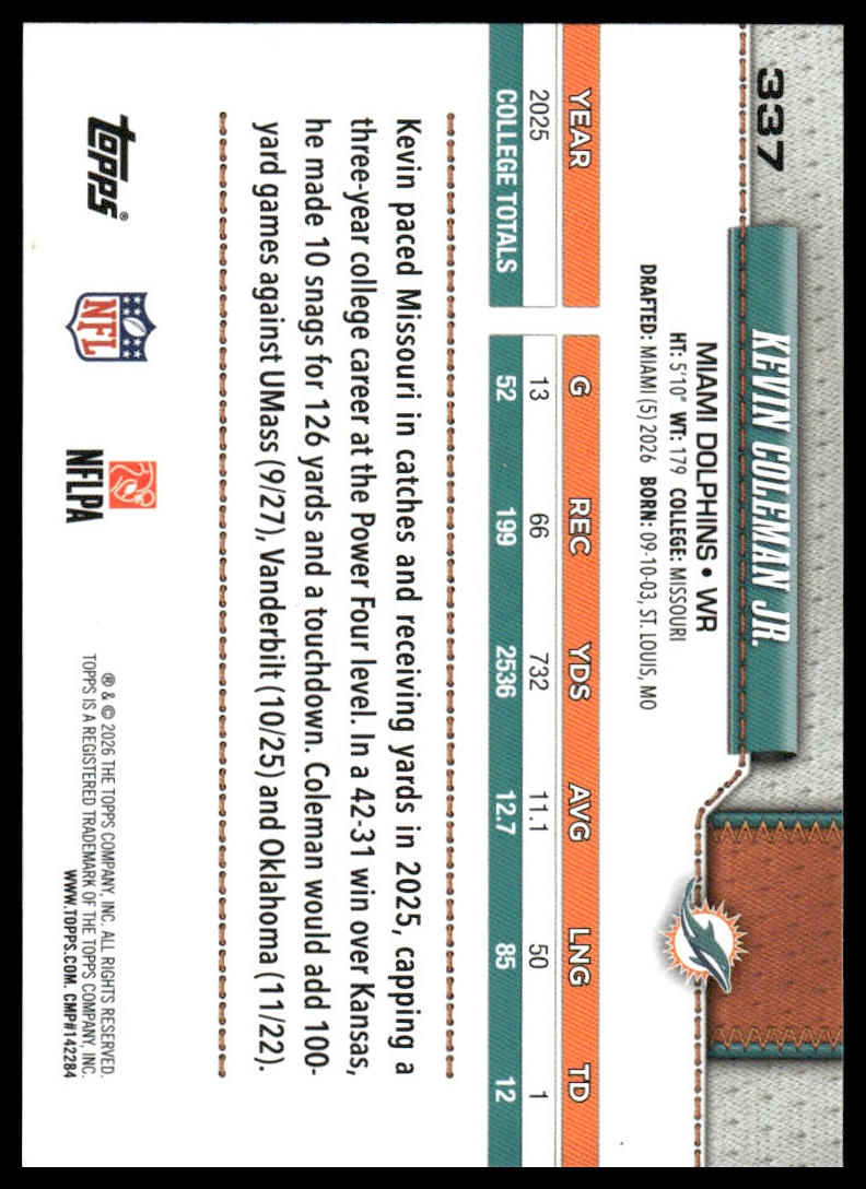 2026 Topps Football #337 Kevin Coleman Jr.
