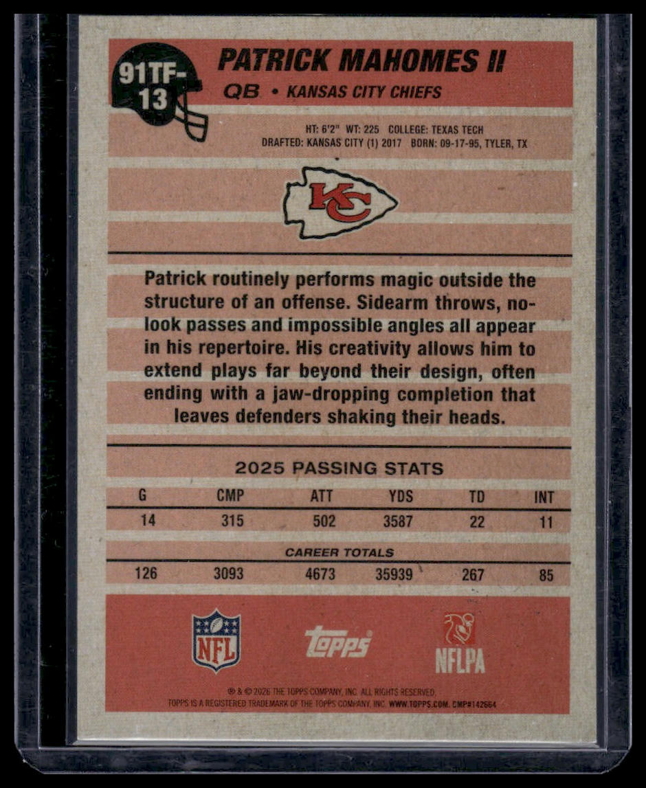 2026 Topps Flagship #91TF-13 Patrick Mahomes II 1991 Topps Football