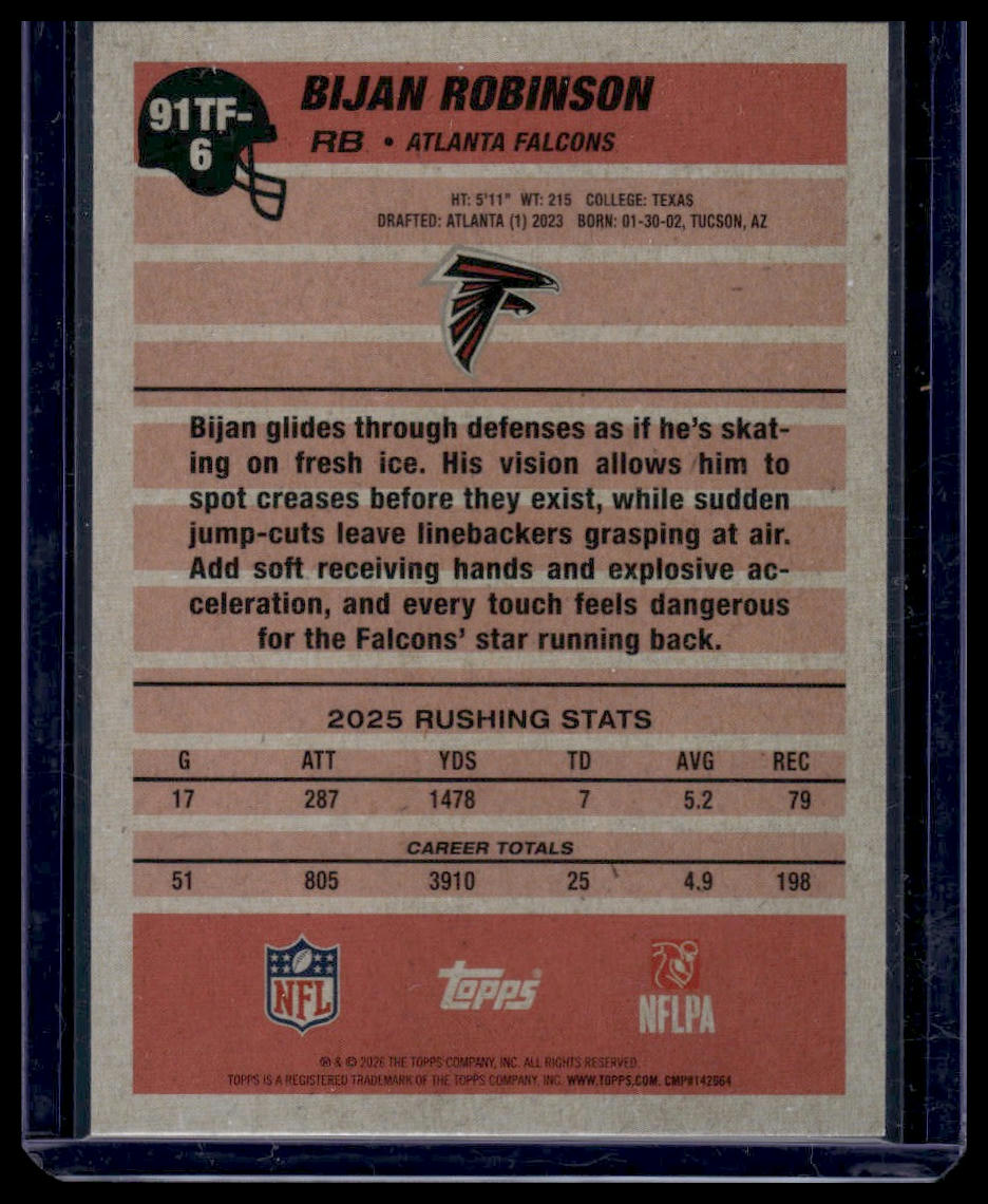 2026 Topps Flagship #91TF-6 Bijan Robinson 1991 Topps Football