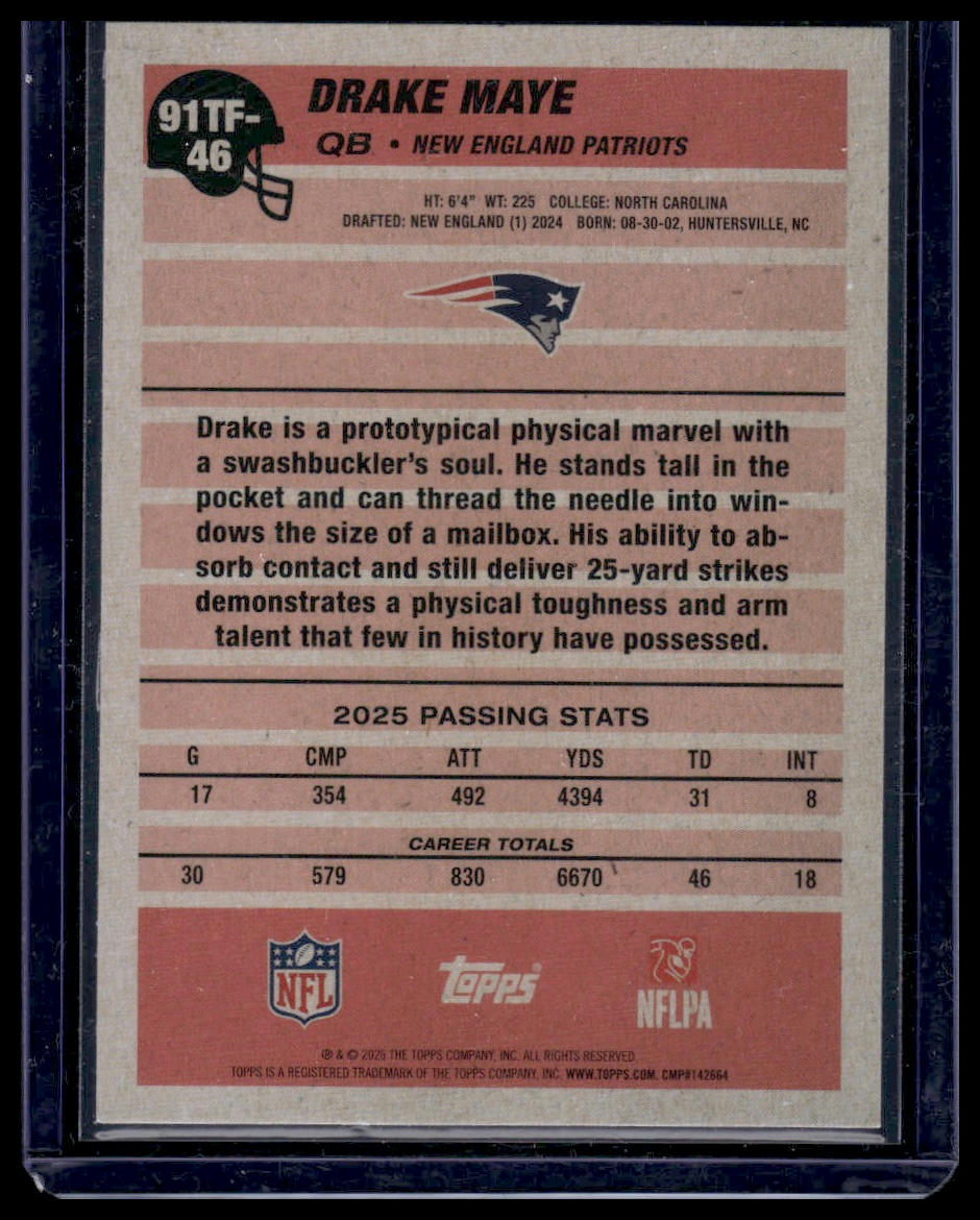 2026 Topps Flagship #91TF-46 Drake Maye 1991 Topps Football
