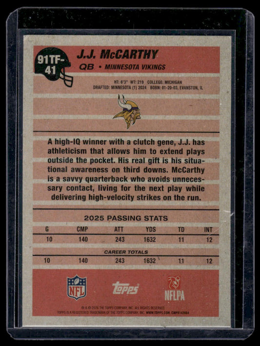 2026 Topps Flagship #91TF-41 J.J. McCarthy 1991 Topps Football