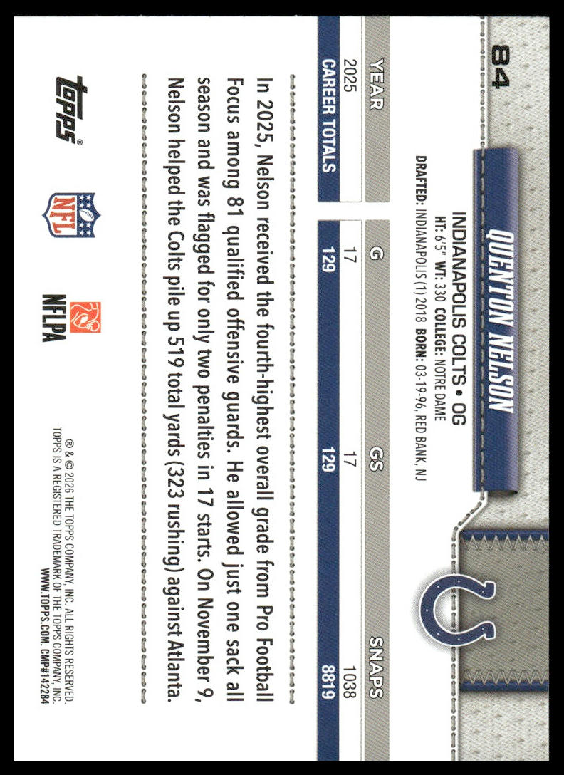 2026 Topps Football #84 Quenton Nelson