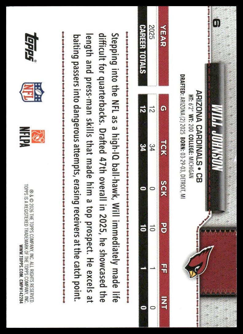 2026 Topps Football #6 Will Johnson Topps All-Rookie Team