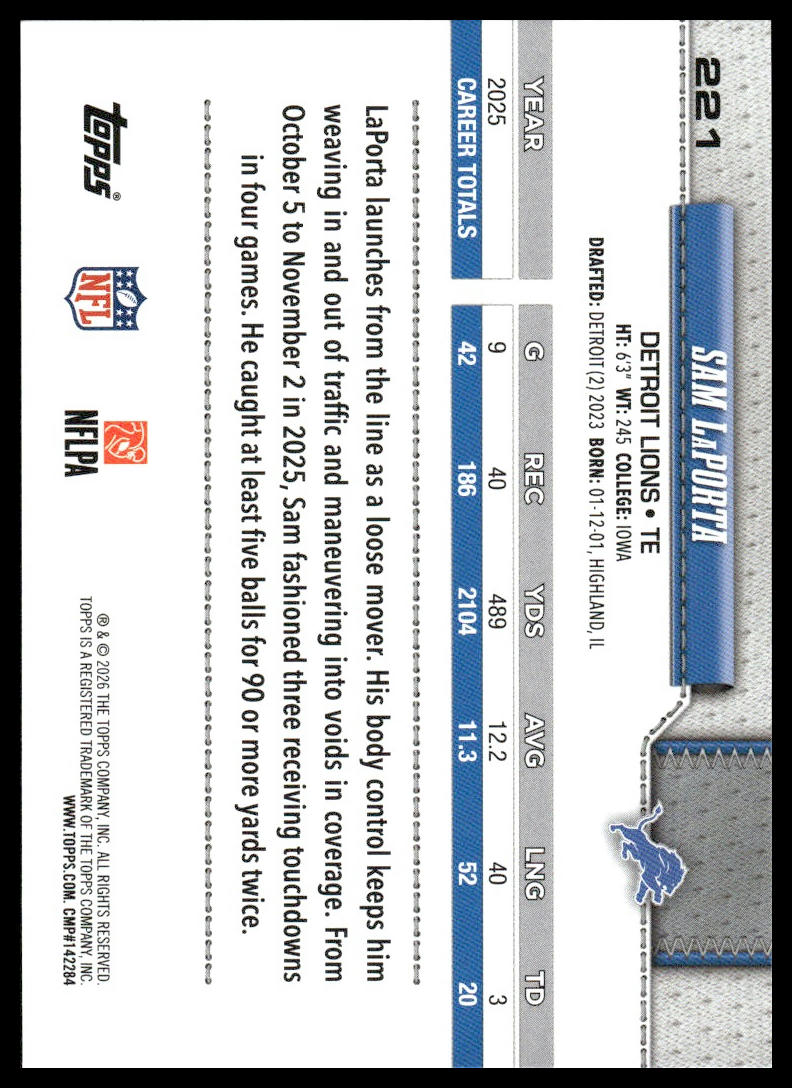 2026 Topps Football #221 Sam LaPorta