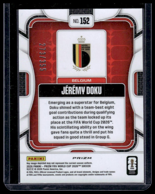 2026 Panini Prizm FIFA World Cup #152 Jérémy Doku Purple Disco Prizm #/355