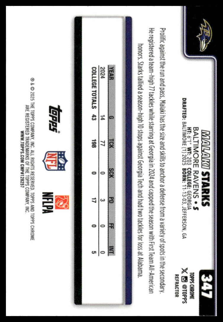 2025 Topps Chrome #347 Malaki Starks Football Leather Refractor
