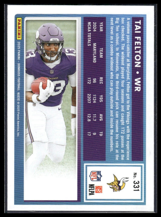 Tai Felton 2025 Donruss #331 Press Proofs Green RC