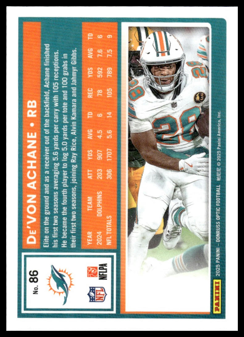 De'Von Achane 2025 Donruss Optic #86 Holo