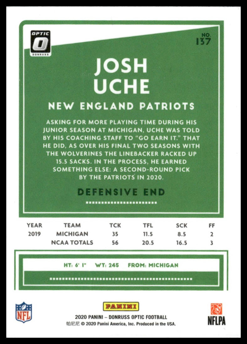 Josh Uche 2020 Donruss Optic #137 Blue Scope RC