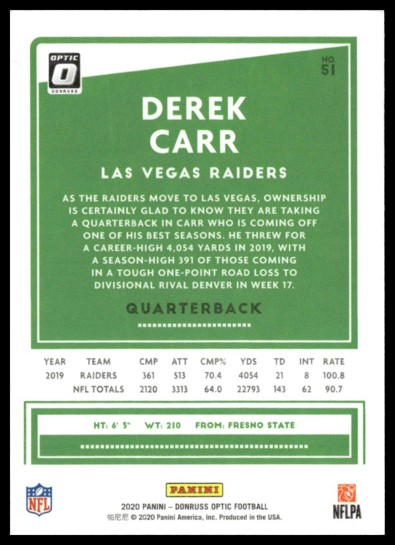 Derek Carr 2020 Donruss Optic #51 Holo