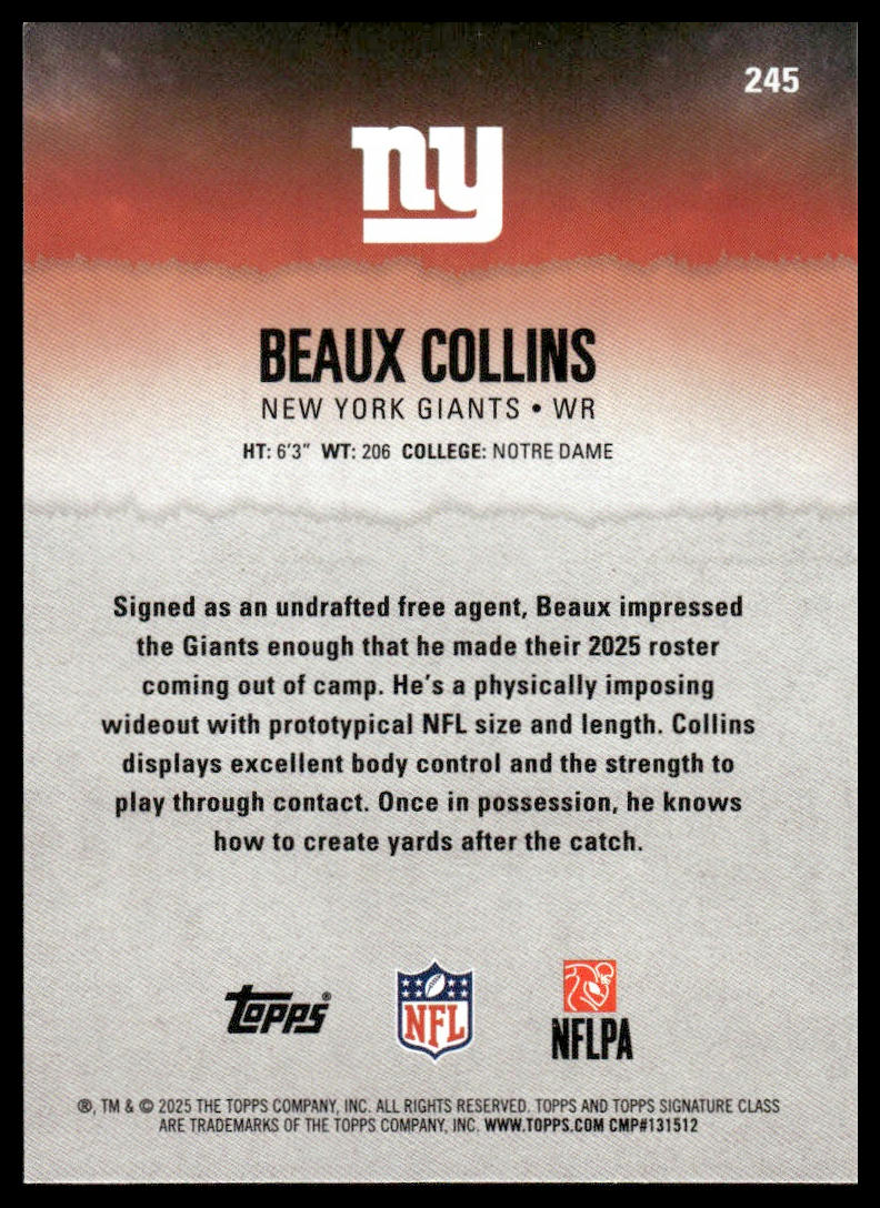 Beaux Collins 2025 Topps Signature Class #245 Blue & Yellow RC