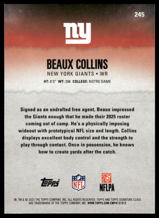 Beaux Collins 2025 Topps Signature Class #245 Blue & Yellow RC