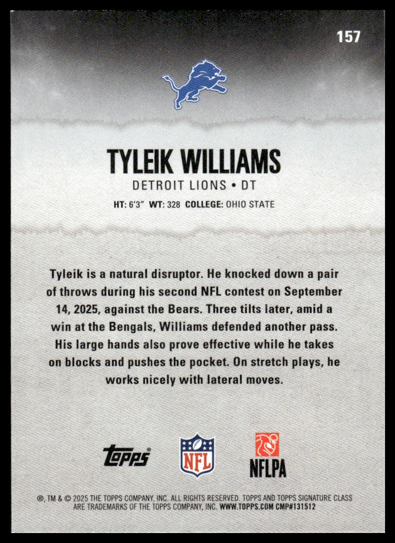 Tyleik Williams 2025 Topps Signature Class #157 Blue & Yellow RC