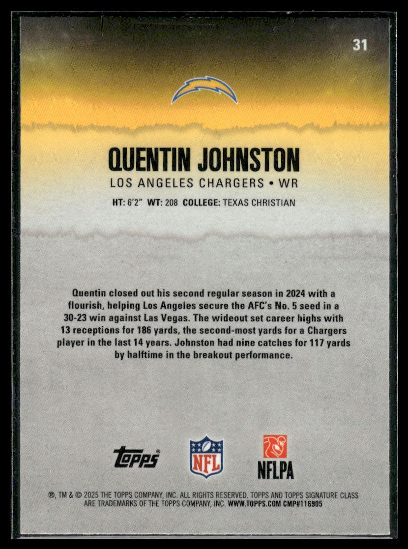 Quentin Johnston 2025 Topps Signature Class #31 Blue & Yellow