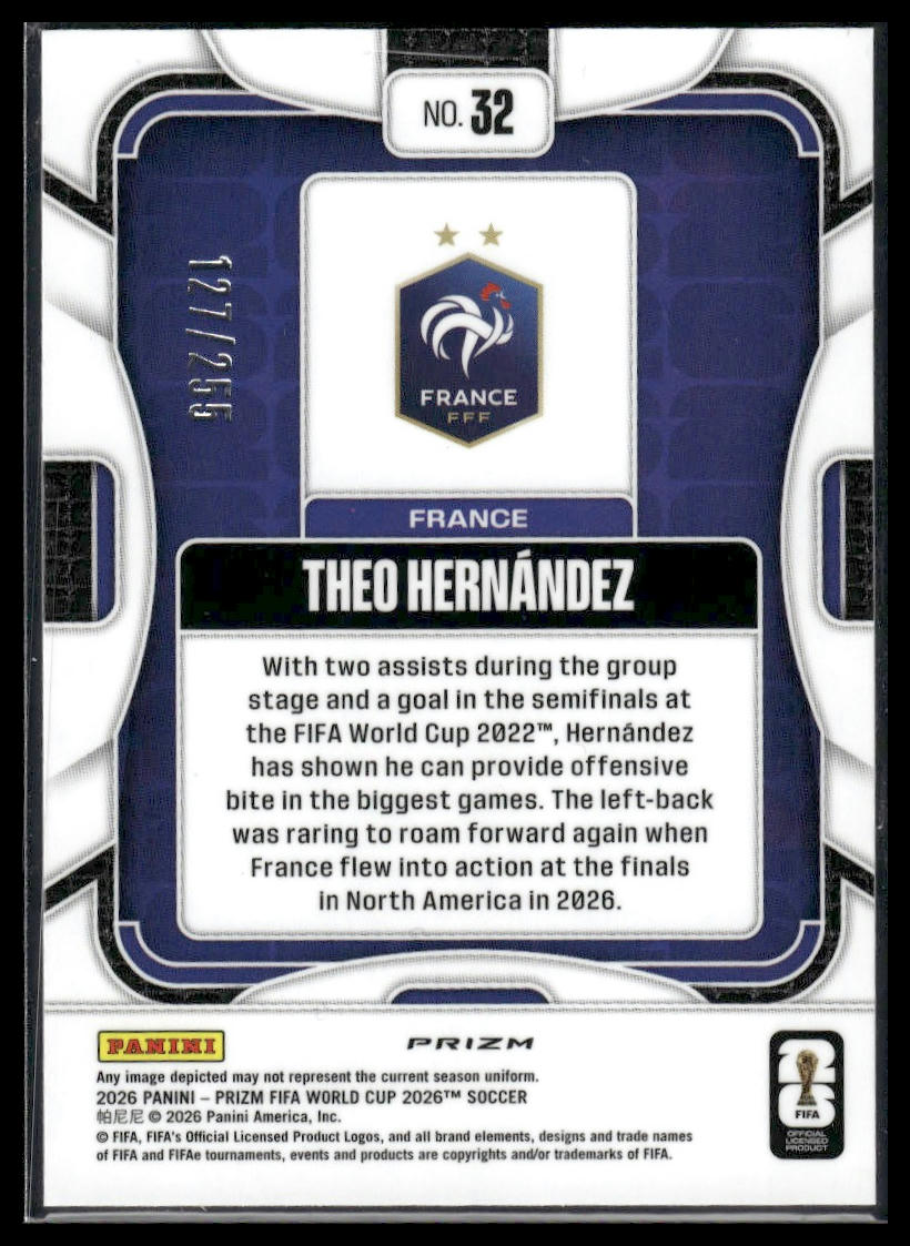 2026 Panini Prizm FIFA World Cup #32 Theo Hernández Teal Wave Prizm #/255