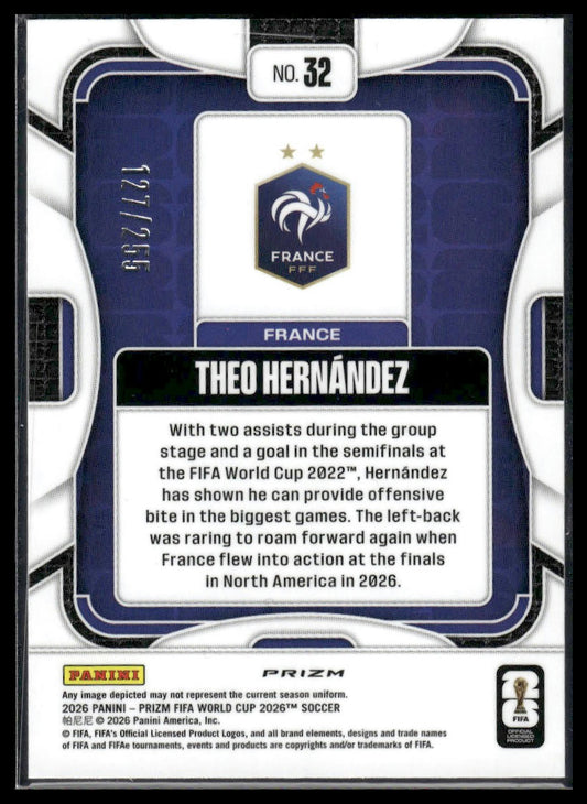 2026 Panini Prizm FIFA World Cup #32 Theo Hernández Teal Wave Prizm #/255