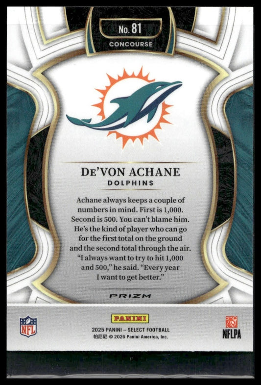2025 Panini Select Football #81 De'Von Achane Copper Shock Prizm