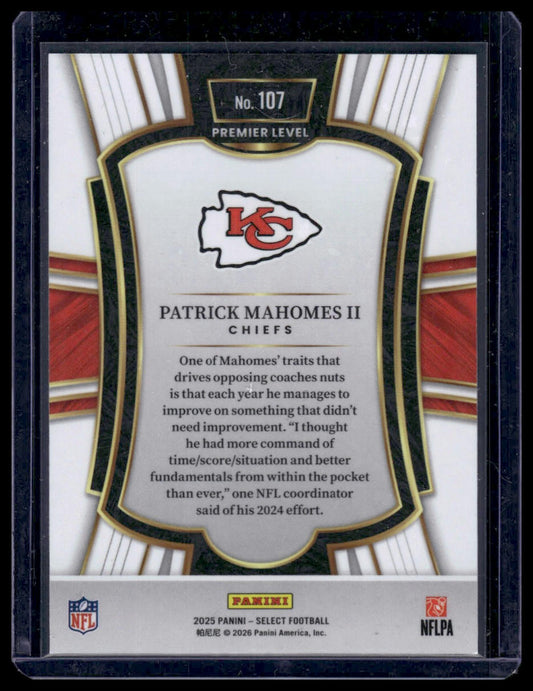 2025 Panini Select Football #107 Patrick Mahomes II Premier Level Silver Prizm