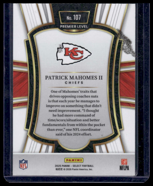 2025 Panini Select Football #107 Patrick Mahomes II Premier Level Silver Prizm