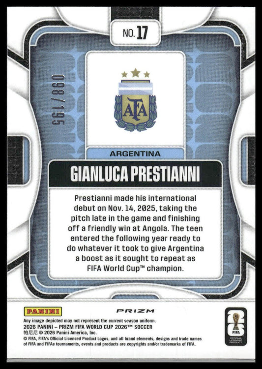2026 Prizm FIFA World Cup #17 Gianluca Prestianni Fuchsia Flash Prizm #/195