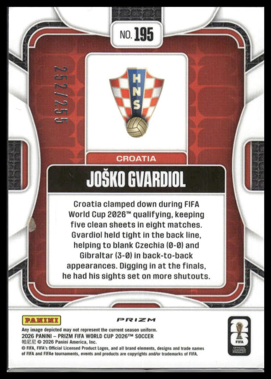2026 Panini Prizm FIFA World Cup #195 Josko Gvardiol Teal Flash Prizm #/255