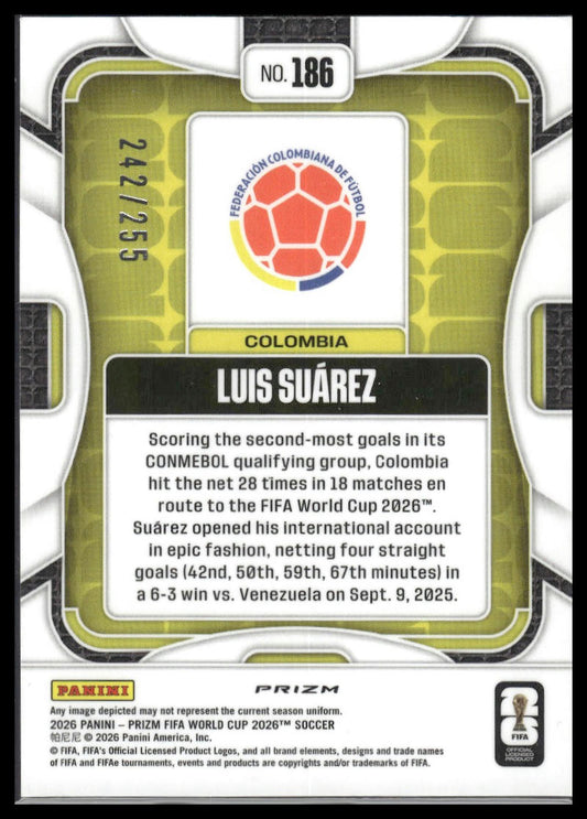 2026 Panini Prizm FIFA World Cup #186 Luis Suarez Teal Flash Prizm #/255