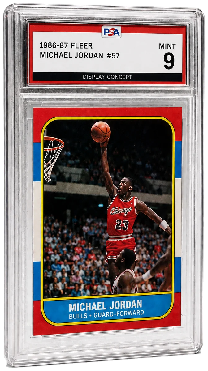 1986 Fleer Michael Jordan in a PSA 9 slab (display render)