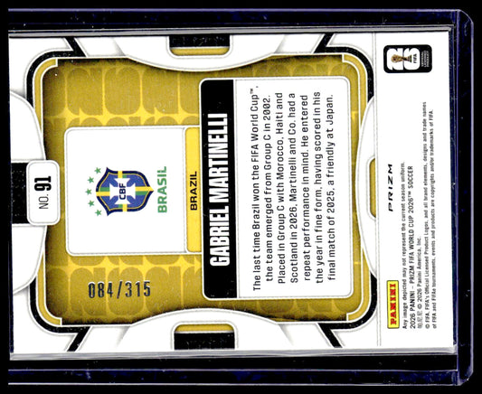 2026 Panini Prizm FIFA World Cup #91 Gabriel Martinelli Orange Flash Prizm #/315