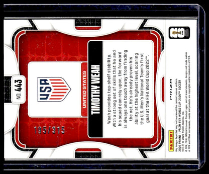 2026 Panini Prizm FIFA World Cup #443 Timothy Weah Orange Flash Prizm #/315