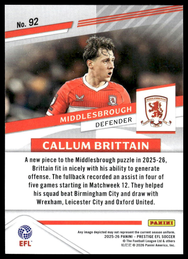 2025-26 Panini Prestige EFL #92 Callum Brittain