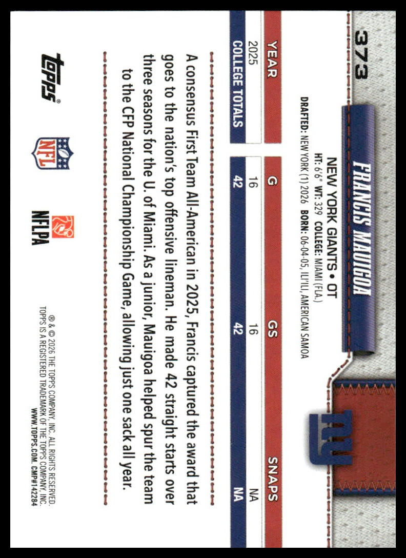 2026 Topps Football #373 Francis Mauigoa