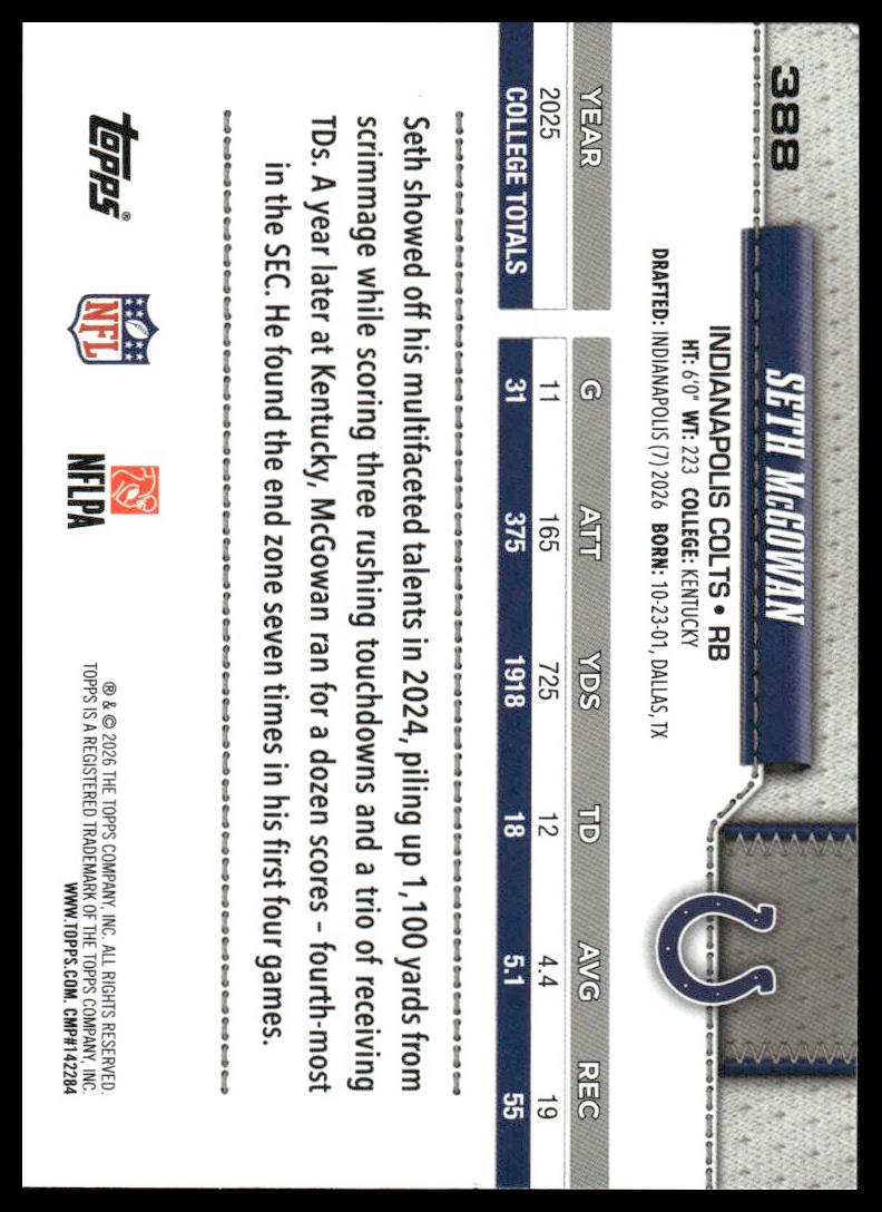 2026 Topps Football #388 Seth McGowan