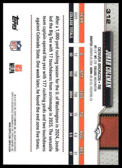 2026 Topps Flagship #312 Jonah Coleman