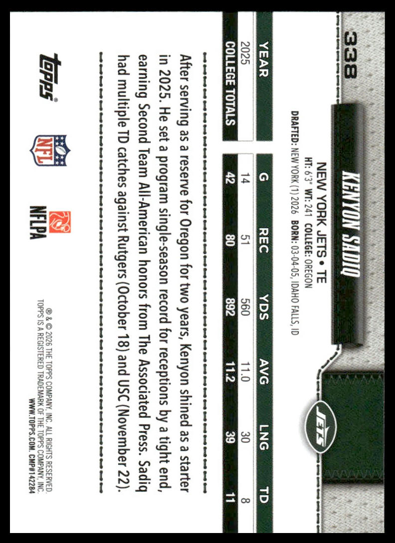 2026 Topps Football #338 Kenyon Sadiq