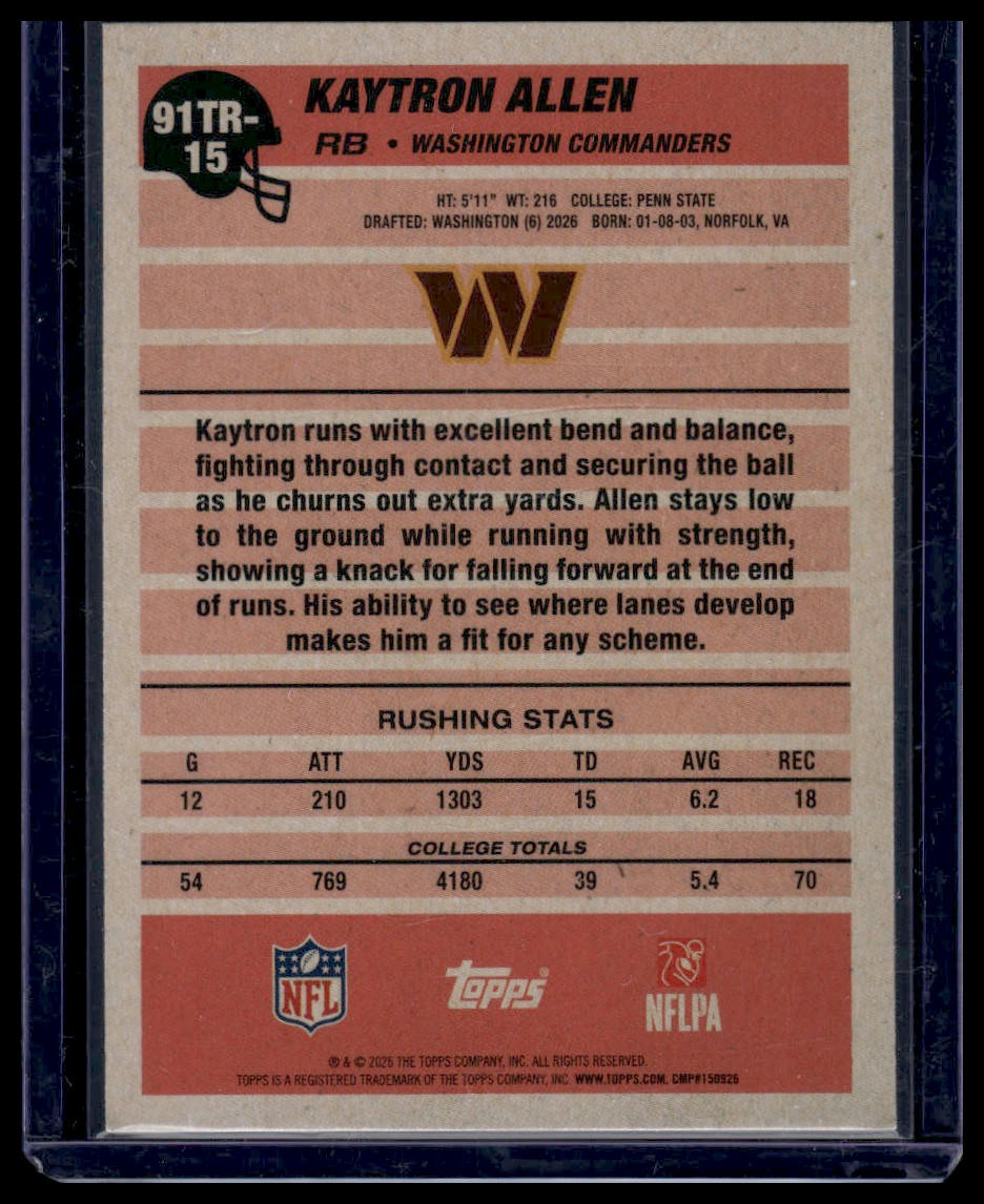 2026 Topps Flagship #91TR-15 Kaytron Allen 1991 Throwback
