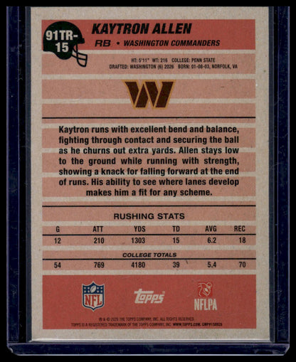 2026 Topps Flagship #91TR-15 Kaytron Allen 1991 Throwback