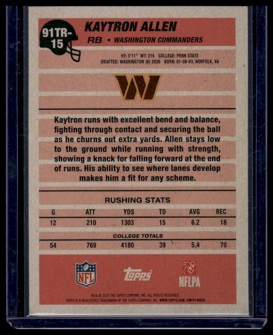 2026 Topps Flagship #91TR-15 Kaytron Allen 1991 Throwback