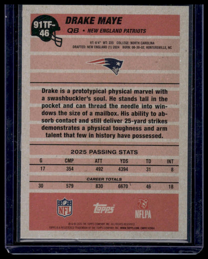 2026 Topps Flagship #91TF-46 Drake Maye 1991 Topps Football