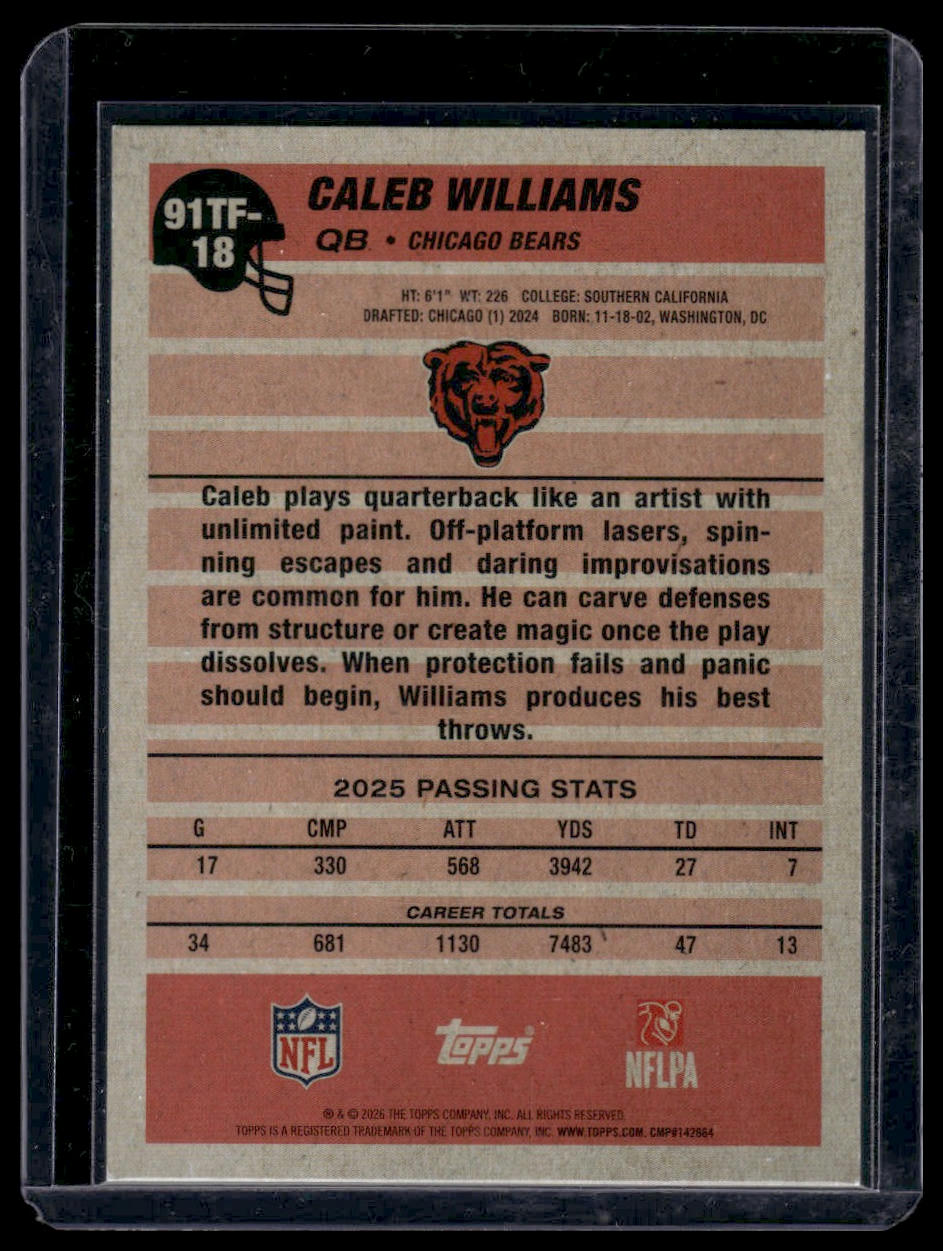 2026 Topps Flagship #91TF-18 Caleb Williams 1991 Topps Football
