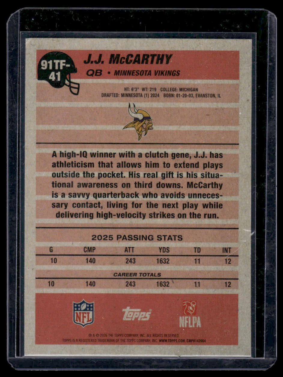 2026 Topps Flagship #91TF-41 J.J. McCarthy 1991 Topps Football