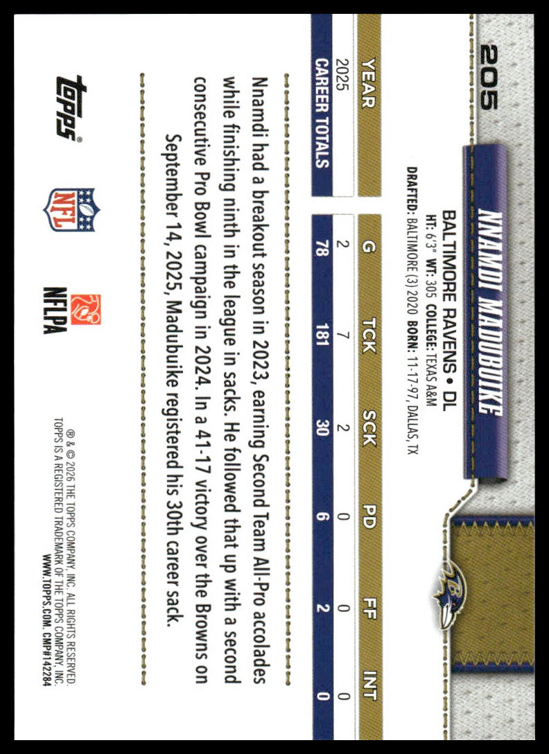 2026 Topps Football #205 Nnamdi Madubuike