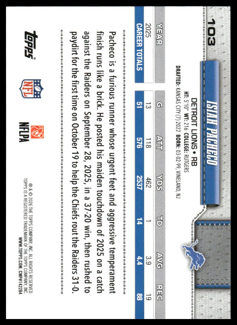 2026 Topps Football #103 Isiah Pacheco