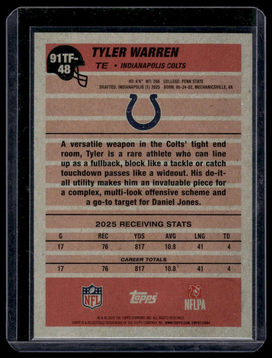 2026 Topps Flagship #91TF-48 Tyler Warren 1991 Topps Football Crackle