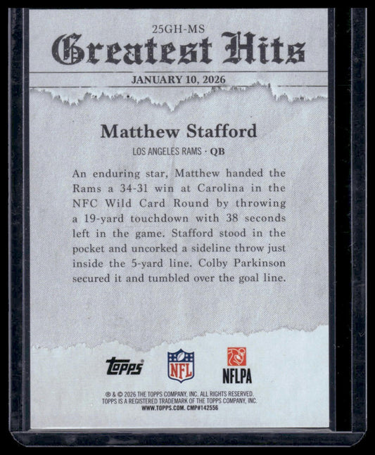 2026 Topps Flagship #25GH-MS Matthew Stafford 2025 Greatest Hits Insert