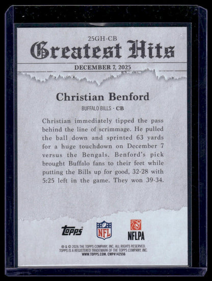 2026 Topps Flagship #25GH-CB Christian Benford 2025 Greatest Hits Insert