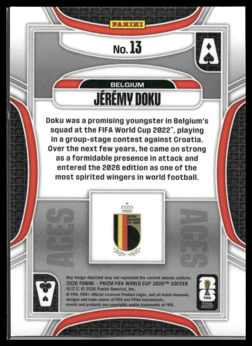 2026 Panini Prizm FIFA World Cup #13 Jeremy Doku Aces Silver Prizm